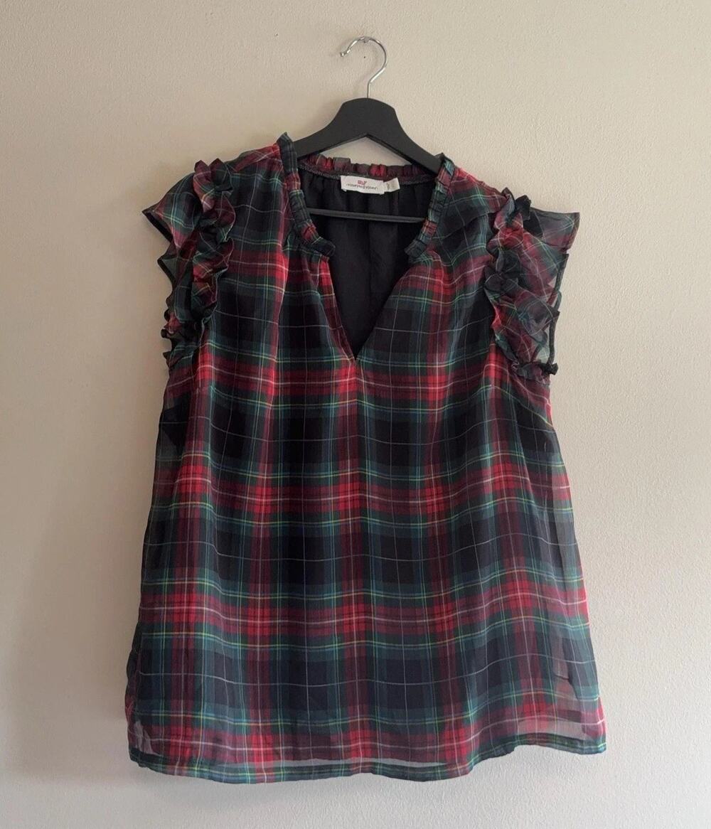 Vineyard Vines Blouse Womens Large Red Holiday Plaid Ruffle Sleeve V Neck Sheer